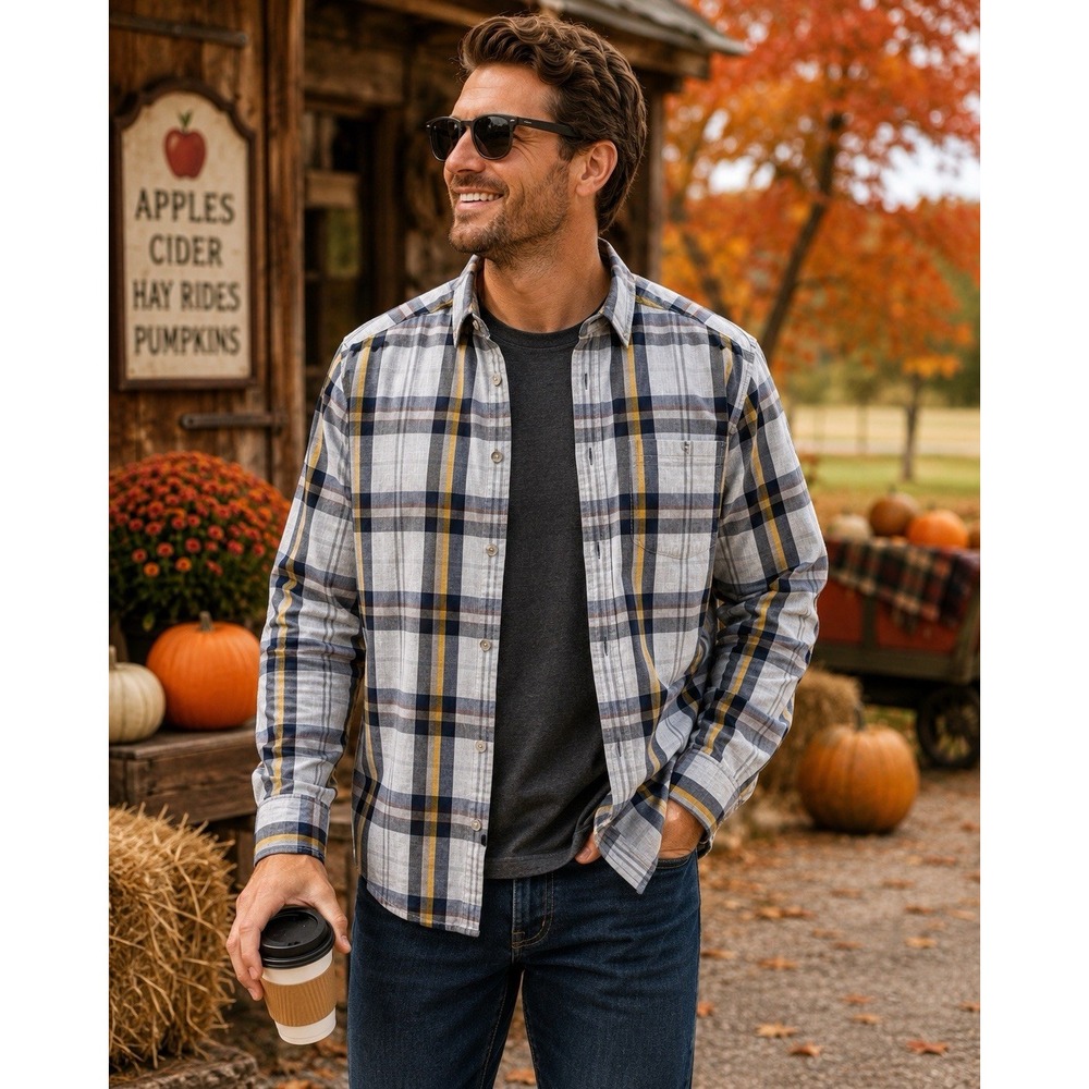 The North Face Mens M Plaid Button Down Shirt Gray Navy Yellow Cotton Outdoor